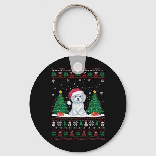 Kerstman Hoed Maltese hond Kerstboom Lights Ugly S Sleutelhanger (Voorkant)