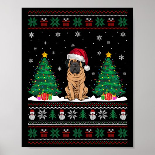 Kerstman Hoed Mastiff Hond Kerstboom Lights Ugly S Poster (Voorkant)