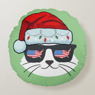 Kerstman hoed met kat gezicht VS vlag Spets Rond Kussen