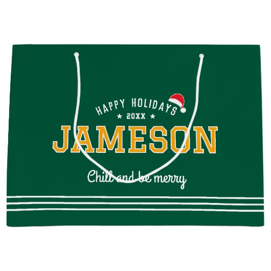Kerstman Hoed Naam Typografie Green Gold Groot Cadeauzakje (Voorkant)
