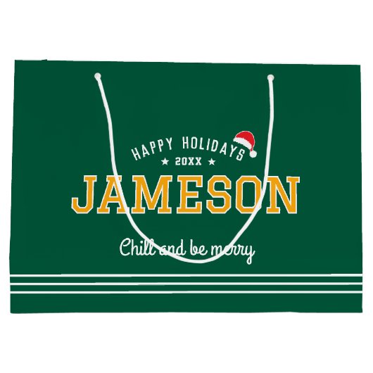 Kerstman Hoed Naam Typografie Green Gold Groot Cadeauzakje (Achterkant)