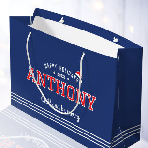 Kerstman Hoed Naam Typografie Marine Blauw Rood Groot Cadeauzakje