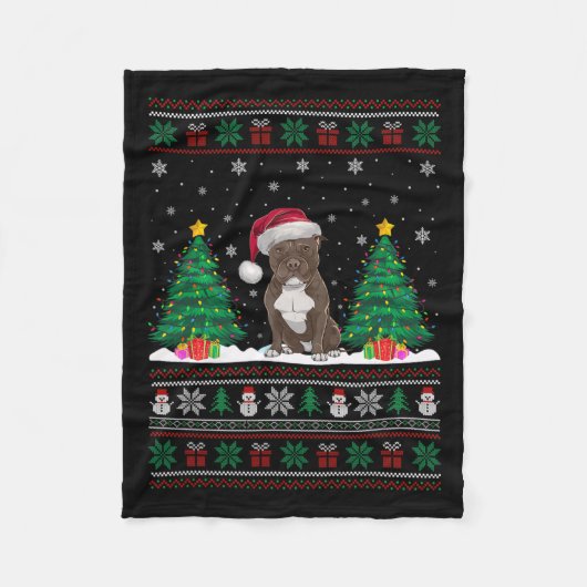 Kerstman Hoed Pitbull Hond Kerstboom Lights Ugly S Fleece Deken (Voorkant)