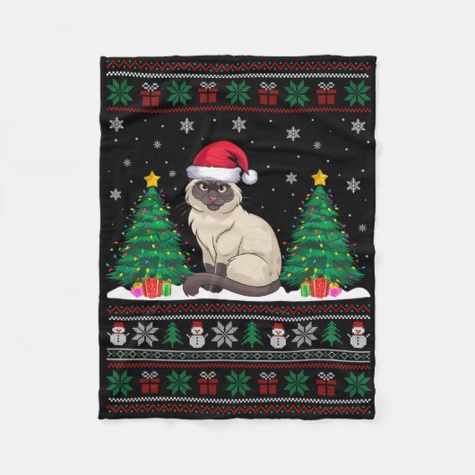 Kerstman Hoed Siamese Kat Kerstboom Lights Ugly S Fleece Deken (Voorkant)