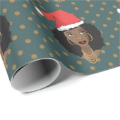 Kerstman hoed, zwarte vrouw, bruine Stippen, Blauw Cadeaupapier (Rol Hoek)