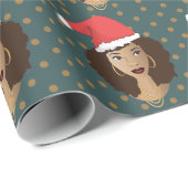 Kerstman hoed, zwarte vrouw, bruine Stippen, Blauw Cadeaupapier (Rol Hoek)