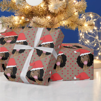 Kerstman hoed, zwarte vrouw, kauwgom, rode Stippen Cadeaupapier