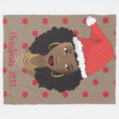Kerstman hoed, zwarte vrouw, rode Stippen, bruin Fleece Deken (Voorkant (Horizontaal))