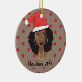 Kerstman hoed, zwarte vrouw, rode Stippen, bruin Keramisch Ornament (Rechts)