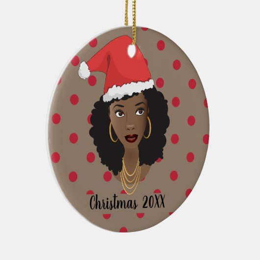 Kerstman hoed, zwarte vrouw, rode Stippen, bruin Keramisch Ornament (Rechts)