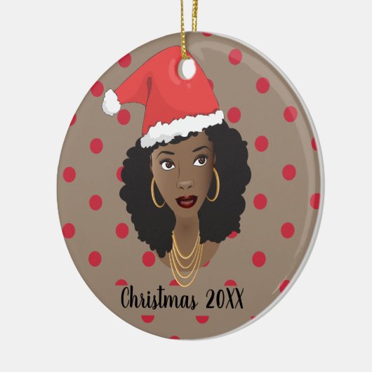 Kerstman hoed, zwarte vrouw, rode Stippen, bruin Keramisch Ornament (Links)