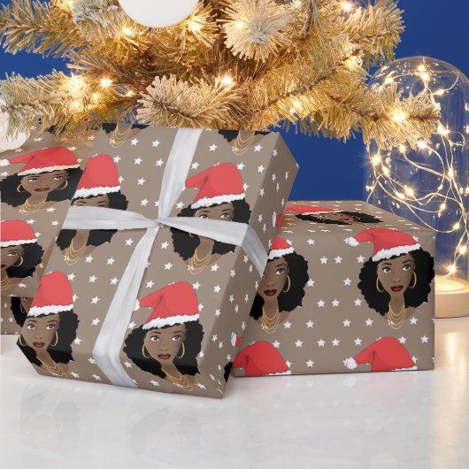 Kerstman hoed, zwarte vrouw, sterren, bruin cadeaupapier (Feestdagen)