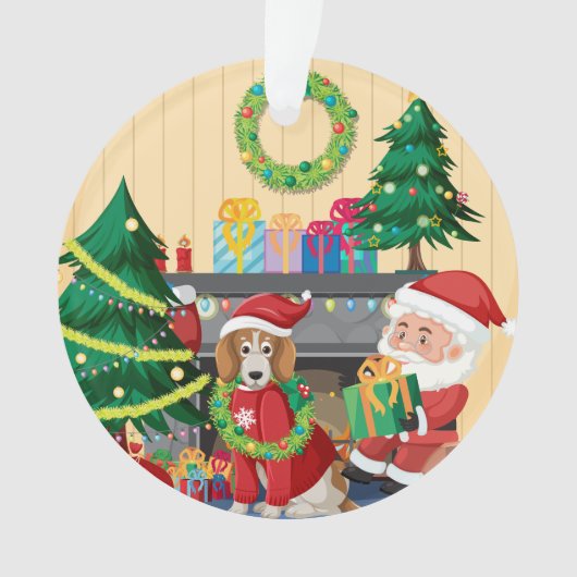 Kerstman & hond bij de open haard – knus kerstfees ornament (voorkant)
