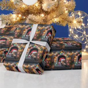 Kerstman hond in hondenhok cadeaupapier