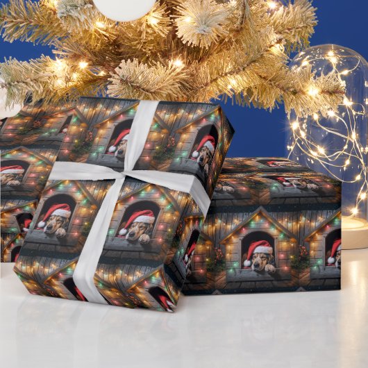 Kerstman hond in hondenhok cadeaupapier (Feestdagen)
