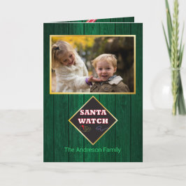 Kerstman horloge Schuur Hout Familie Foto Pret Kaart