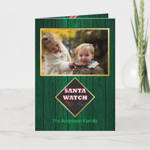 Kerstman horloge Schuur Hout Familie Foto Pret Kaart