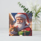 Kerstman houdt een kat vast feestdagenkaart (Staand voorkant)