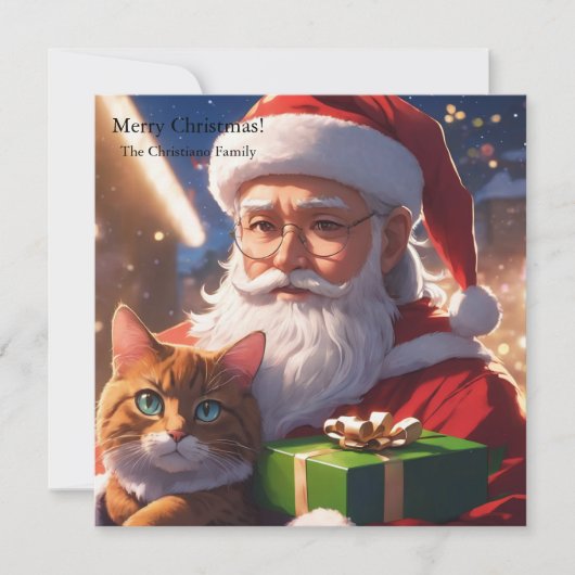 Kerstman houdt een kat vast feestdagenkaart (Voorkant)