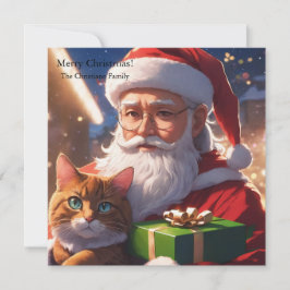 Kerstman houdt een kat vast feestdagenkaart