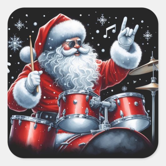 Kerstman houdt kerst in leven met drums vierkante sticker (Voorkant)