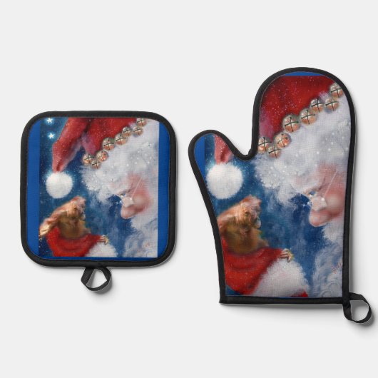 Kerstman houdt van dieren ovenwant & pannenlap set (Voorkant)