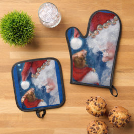 Kerstman houdt van dieren ovenwant & pannenlap set