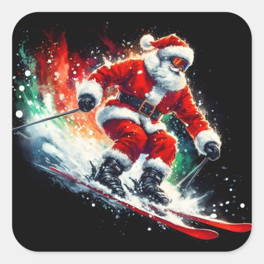 Kerstman houdt van skiën in een winterwonderland vierkante sticker (Voorkant)