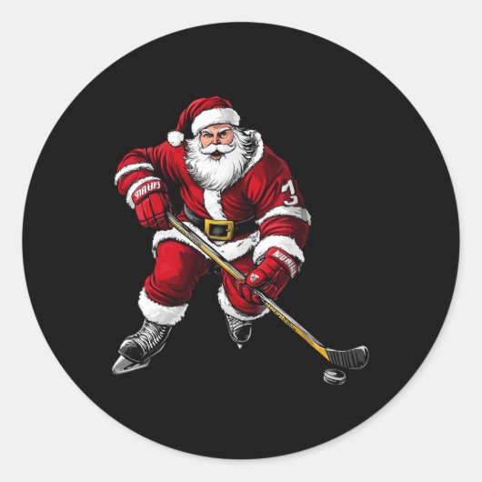 Kerstman ijshockeyspeler ronde sticker (Voorkant)