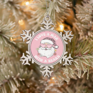 Kerstman Ik hou van een Man met een baard roze Xm Tin Sneeuwvlok Ornament