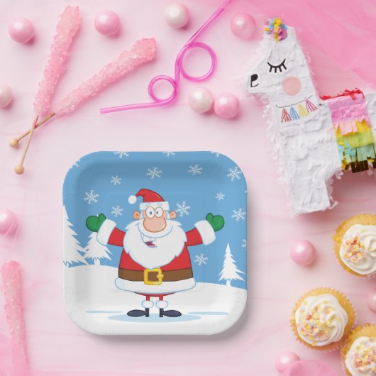 Kerstman in besneeuwd winters landschap papieren bordje (Feest)