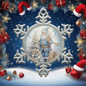 Kerstman in blauw met gouden cadeaus winter tin sneeuwvlok ornament