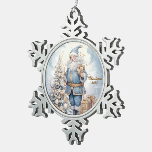 Kerstman in blauw met gouden cadeaus winter tin sneeuwvlok ornament (Rechts)