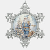 Kerstman in blauw met gouden cadeaus winter tin sneeuwvlok ornament (Voorkant)