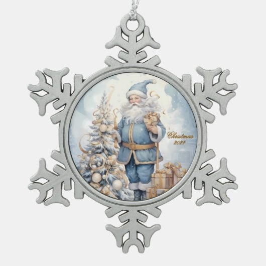Kerstman in blauw met gouden cadeaus winter tin sneeuwvlok ornament (Voorkant)