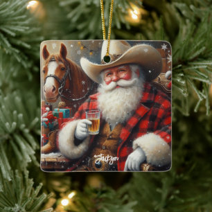Kerstman in Cowboy Pet Kerstmis Keramisch Ornament