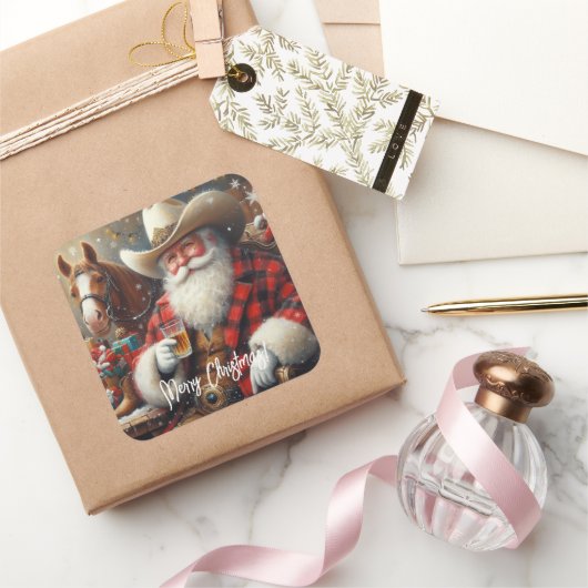 Kerstman in Cowboy Pet Kerstmis Vierkante Sticker (Geschenken)