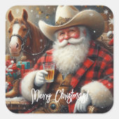 Kerstman in Cowboy Pet Kerstmis Vierkante Sticker (Voorkant)