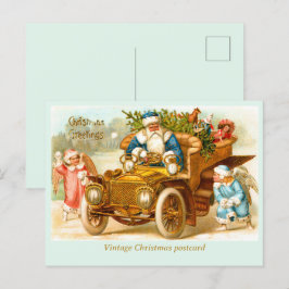 Kerstman in de auto met engelen spelen. Christmas Briefkaart