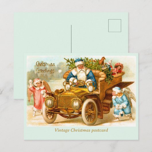 Kerstman in de auto met engelen spelen. Christmas Briefkaart (Voorkant / Achterkant)
