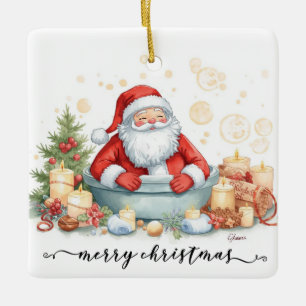 Kerstman in de badkuub Spa Kerstthema Keramisch Ornament