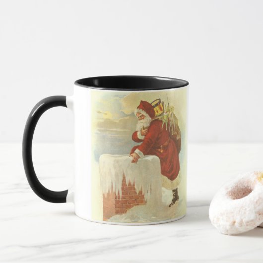 Kerstman in de schoorsteen uit het victoriaanse ti mok (Met donut)