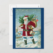 Kerstman in de sneeuw met trommel en boom feestdagenkaart (Voorkant / Achterkant)
