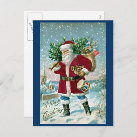 Kerstman in de sneeuw met trommel en boom feestdagenkaart (Voorkant / Achterkant)