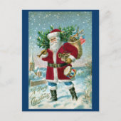 Kerstman in de sneeuw met trommel en boom feestdagenkaart (Voorkant)