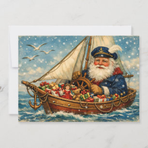 Kerstman in een boot met cadeaus in vintage stijl feestdagenkaart