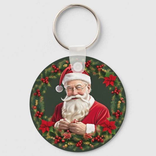 Kerstman in een Festieve Krans Sleutelhanger (Voorkant)