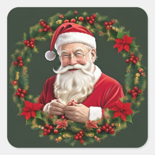 Kerstman in een Festieve Krans Vierkante Sticker
