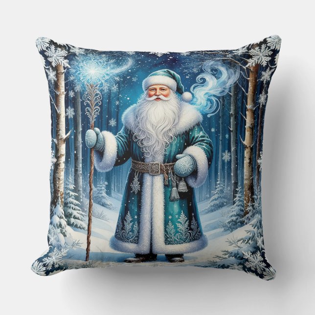 Kerstman in een magisch besneeuwd bos kussen (Voorkant)