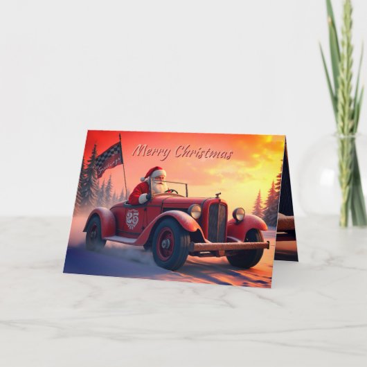 Kerstman in een raceauto feestdagen kaart (Voorkant)